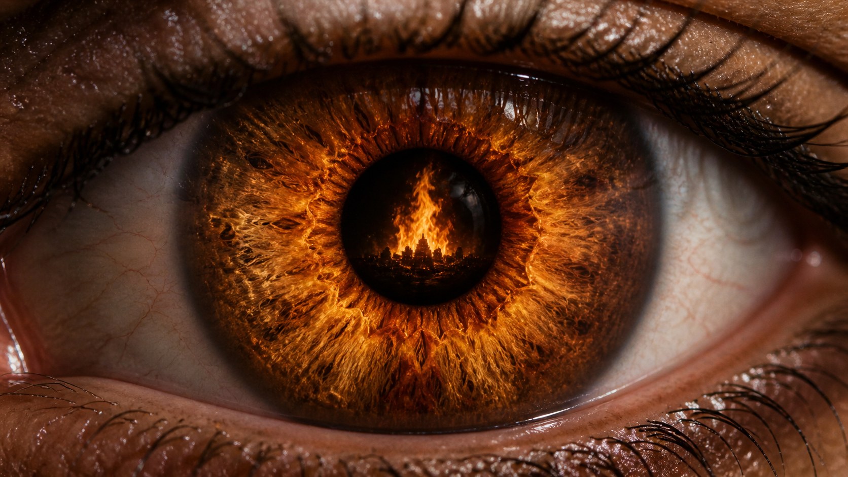 An extreme macro of a human eye, golden iris striations, a flame burning inside the pupil with a city silhouette within the flame