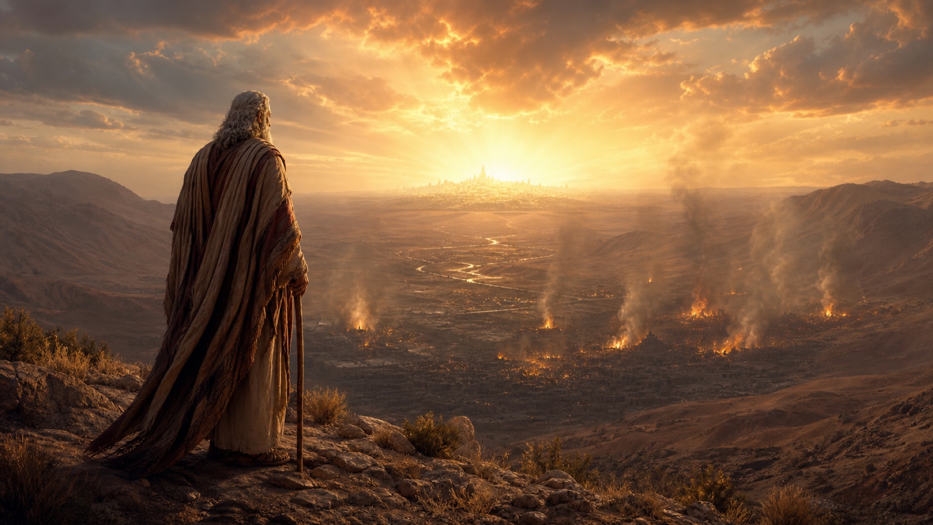 A robed elder on a high desert ridge at dawn, watching a burning valley below, a faint golden city of light shimmering on the far horizon