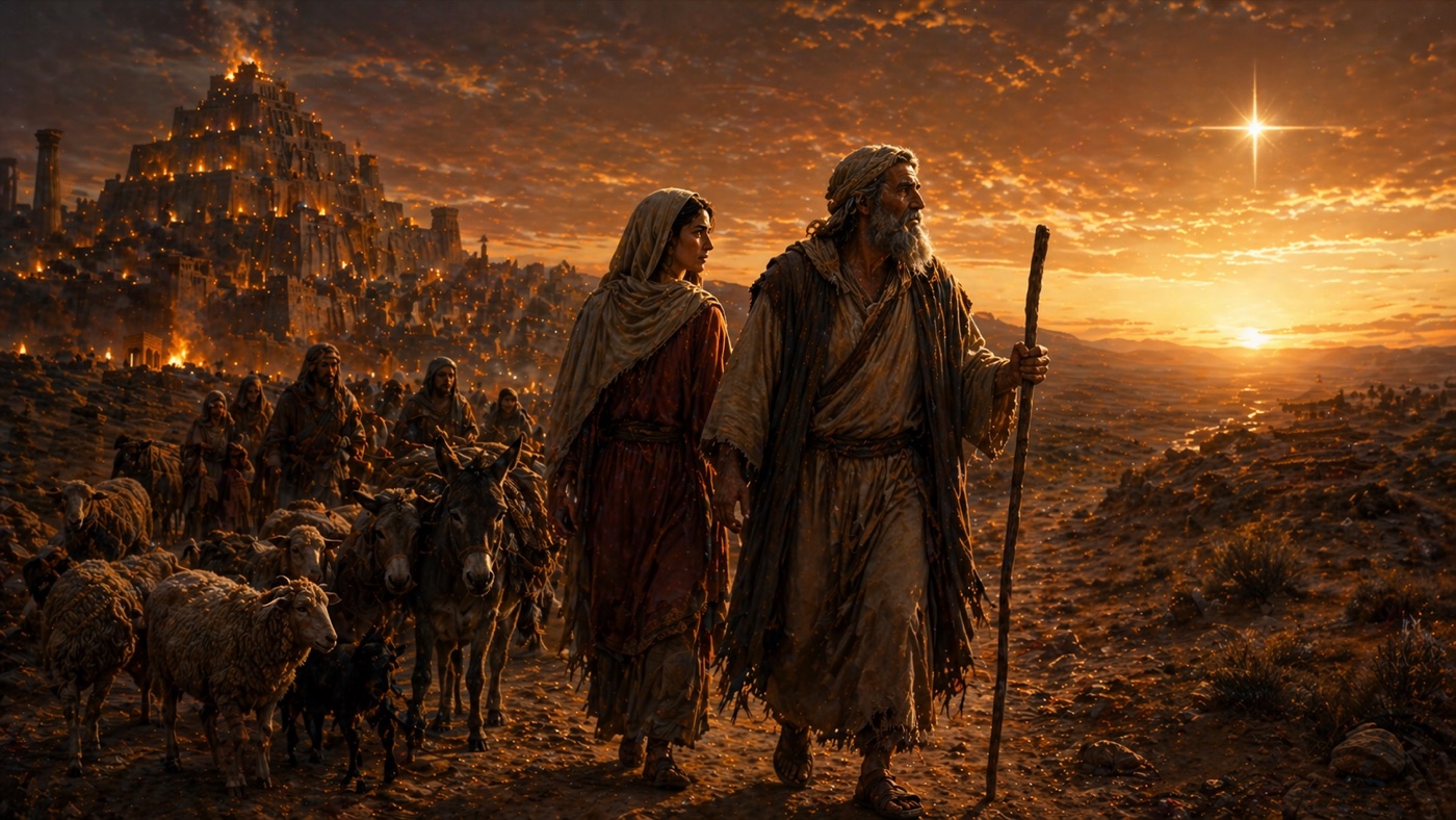Abraham and Sarah leading their family and livestock away from the burning ziggurats and torchlight of an ancient Sumerian city at dusk, walking into the open desert toward a single bright star on the horizon