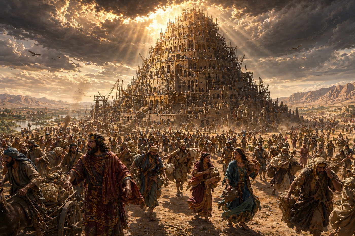 The Tower of Babel on the plains of Shinar: a vast ancient ziggurat under construction, humanity united then scattered into nations as divine light breaks through storm clouds