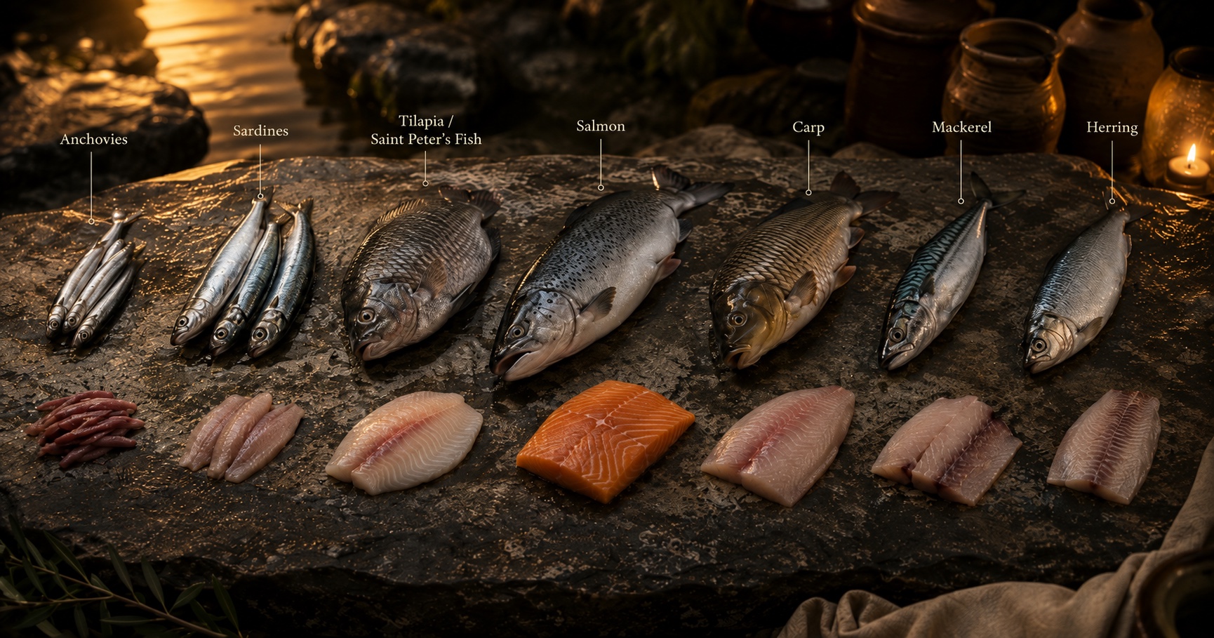 Seven clean fish with fins and scales laid on stone: anchovies, sardines, tilapia (Saint Peter's fish), salmon, carp, mackerel, herring — each shown whole and as a fillet