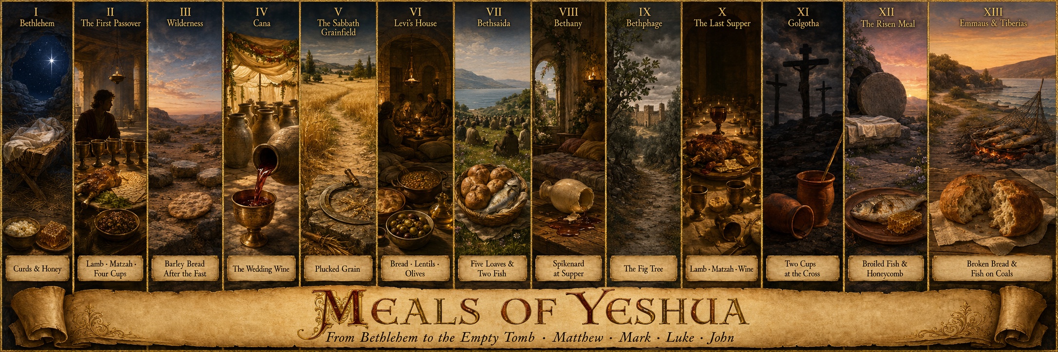 A polyptych altarpiece of thirteen vertical strips telling the meals of Yeshua from Bethlehem to the empty tomb: I Bethlehem, II The First Passover, III Wilderness, IV Cana, V The Sabbath Grainfield, VI Levi's House, VII Bethsaida, VIII Bethany, IX Bethphage, X The Last Supper, XI Golgotha, XII The Risen Meal, XIII Emmaus and Tiberias, with the master scroll 'Meals of Yeshua — From Bethlehem to the Empty Tomb' at the bottom