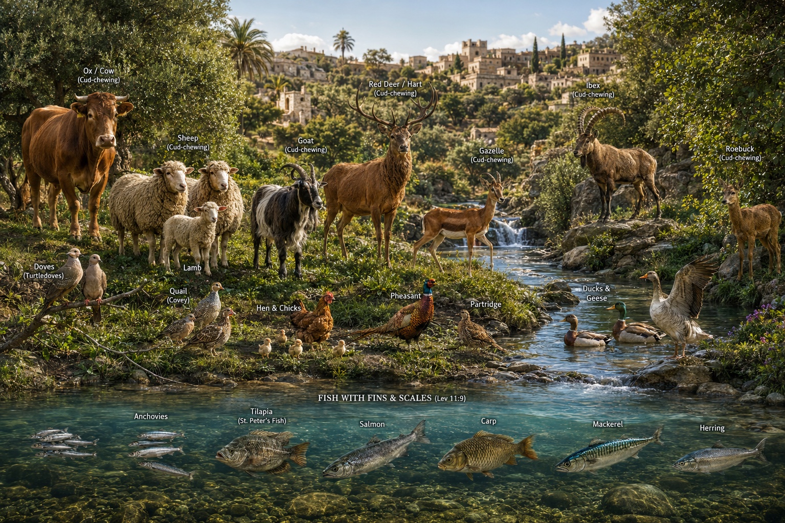 A pastoral panorama of the clean animals of Leviticus 11: cud-chewing land animals, clean fowl, and fish with fins and scales