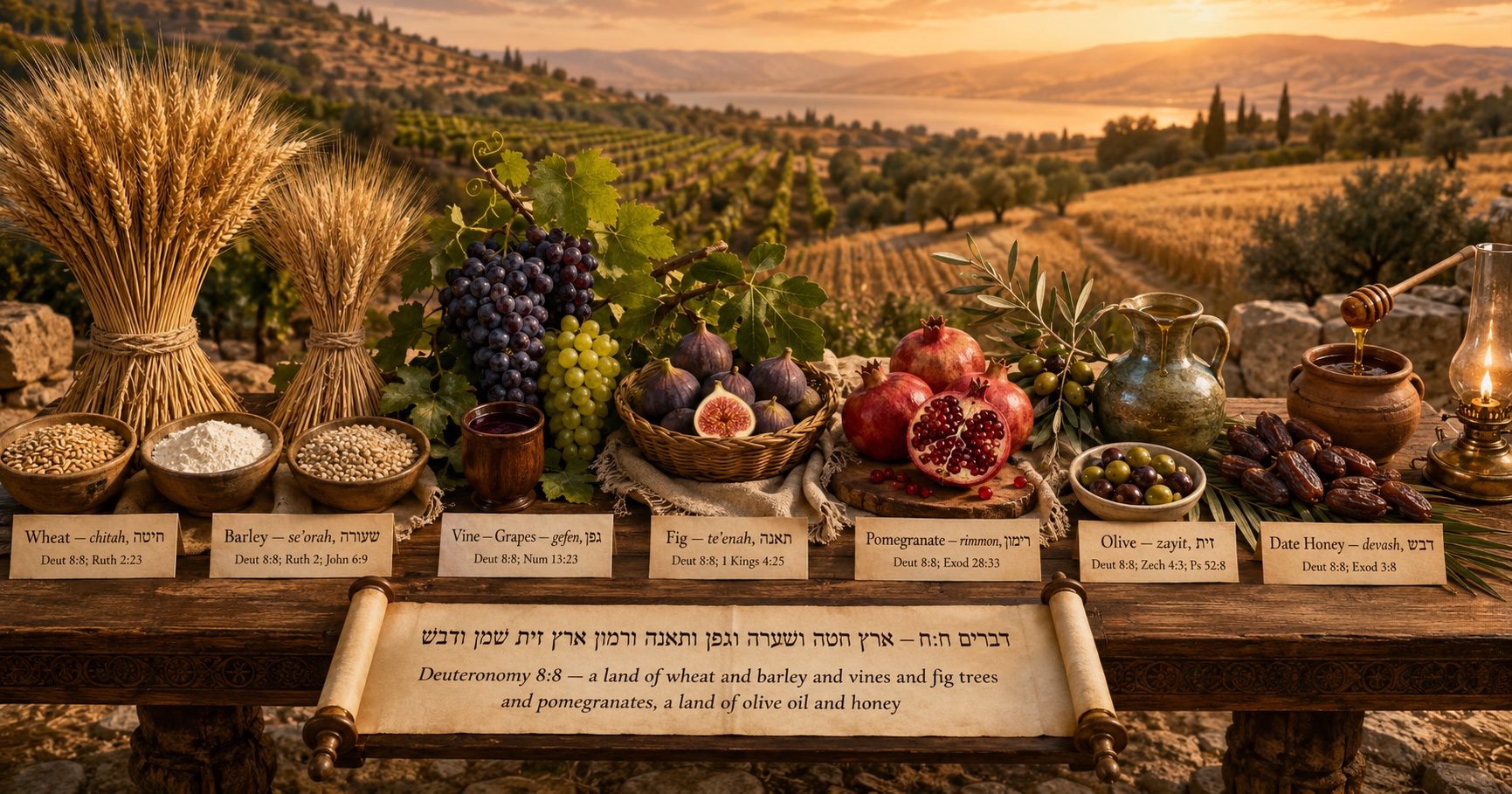 The Seven Species of the Land arranged left to right: wheat, barley, vine-grapes, fig, pomegranate, olive, date honey — labelled in Hebrew and English with the Deuteronomy 8:8 scroll