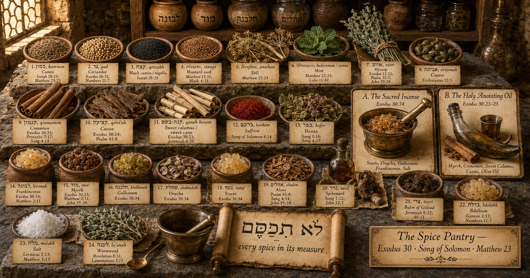 A numbered apothecary slab laid with every biblical spice, herb, resin, and aromatic — cumin, coriander, black cumin, mustard seed, dill, mint, hyssop, capers, cinnamon, cassia, calamus, saffron, henna, frankincense, myrrh, galbanum, onycha, stacte, aloes, spikenard, balm of Gilead, bdellium, salt, wormwood — with framed insets for the Sacred Incense and the Holy Anointing Oil compounds, captioned 'every spice in its measure'