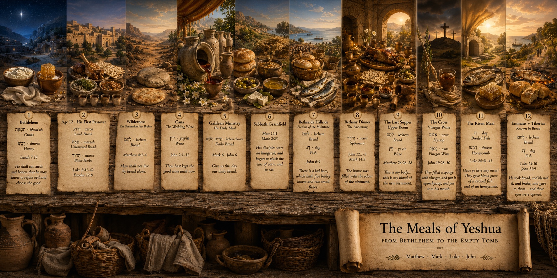 A chronological frieze of every meal from the life of Yeshua, reading left to right: curds and honey of the Immanuel child, the wilderness fast broken, the wine at Cana, the daily Galilean bread, the Sabbath grainfield, five barley loaves and two fish at the feeding, the anointing with spikenard at Bethany, the Bethphage fig tree with no fruit, the Last Supper bread and wine and lamb, the vinegar wine raised on a hyssop reed at the cross, the broiled fish and honeycomb of the risen Christ, the Emmaus bread breaking, and the charcoal fire on the Tiberias shore