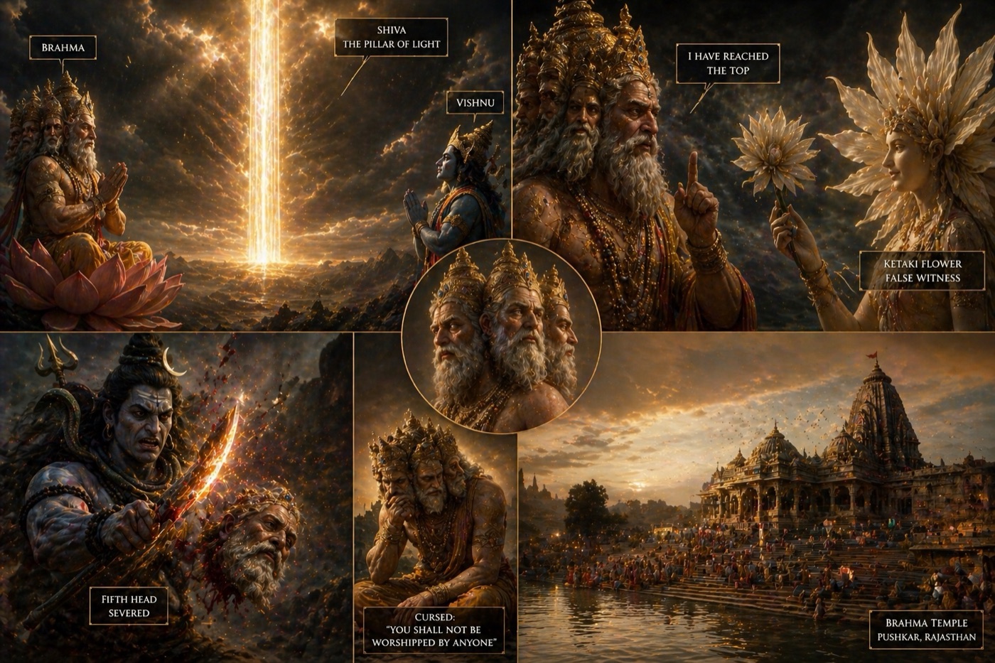 Illustrated panels: Brahma at the lotus, Shiva's pillar of light, Vishnu, Brahma claiming 'I have reached the top', the Ketaki flower as false witness, the fifth head severed, the curse 'You shall not be worshipped by anyone', and Brahma Temple in Pushkar, Rajasthan