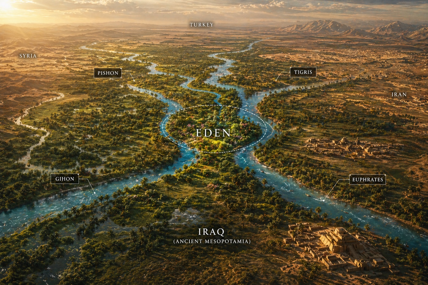 Aerial map of Eden at the convergence of the Tigris, Euphrates, Pishon, and Gihon rivers across ancient Mesopotamia