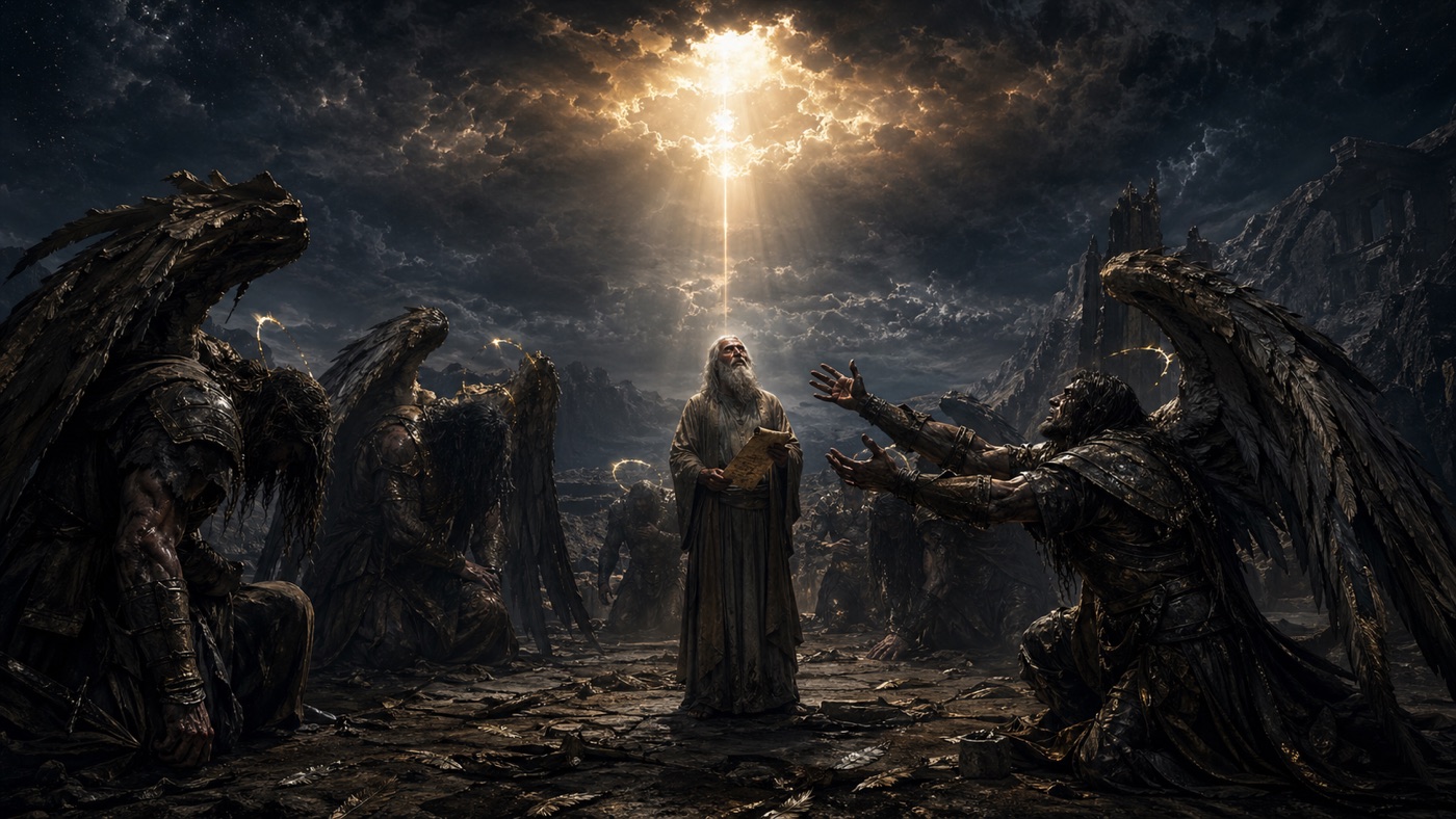 Enoch, a small mortal figure in robes holding a scroll, stands among kneeling fallen Watchers with broken wings under a shaft of divine light from heaven