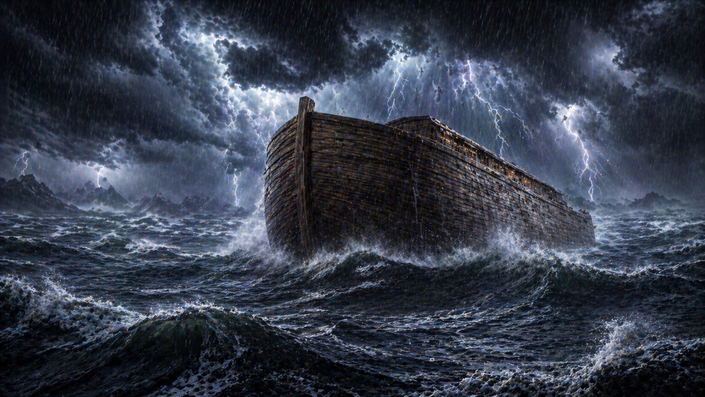 Noah's ark on violent dark waves under stormy skies pierced by lightning: the global flood