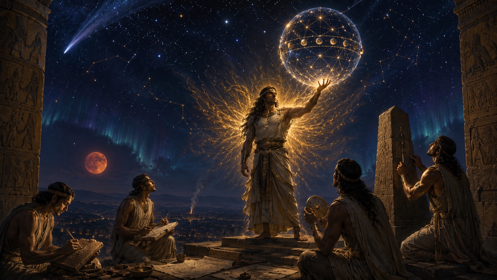 Four-quadrant composite: Sumerian Anunnaki teaching agriculture and writing, Egyptian Thoth instructing scribes by the pyramid, Greek Prometheus chained after delivering fire, and Indian Devas and Rishis transmitting the Vedas: four civilizations, one identical story