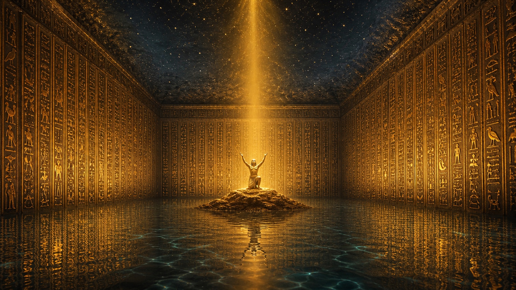 The inner chamber of the Pyramid of Unas at Saqqara: walls covered in vertical columns of hieroglyphic text glowing faintly with golden light, primordial waters reflecting the inscriptions, a small radiant figure of Atum rising from a single mound of land, a shaft of golden light falling from a star-strewn indigo ceiling above