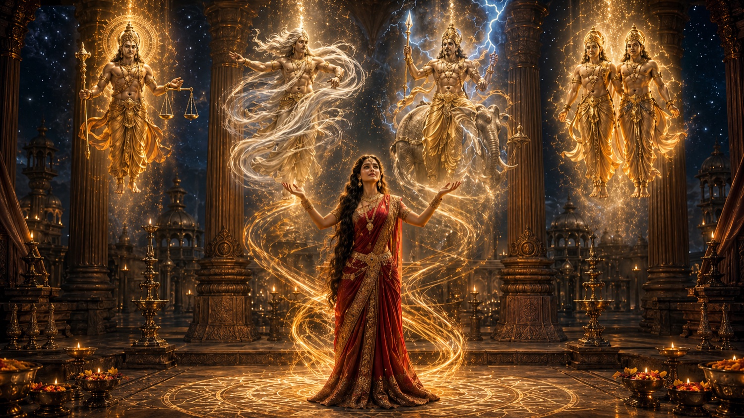 Kunti standing in a sacred pavilion at night, golden mantras spiraling around her as she invokes the Devas: Dharma god of justice with scales, Vayu the wind god in swirling translucent form, Indra mounted on his elephant Airavata wielding lightning, and the twin Ashvins manifesting in the columns around her