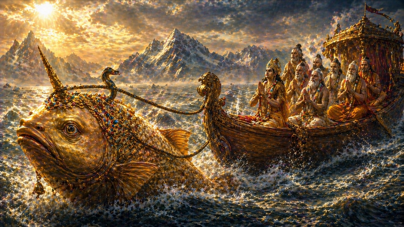 Matsya: a giant ornamented golden fish with a single horn pulls Manu and the seven sages in a boat through flood waters, a serpent serving as rope, Himalayan peaks rising in the distance