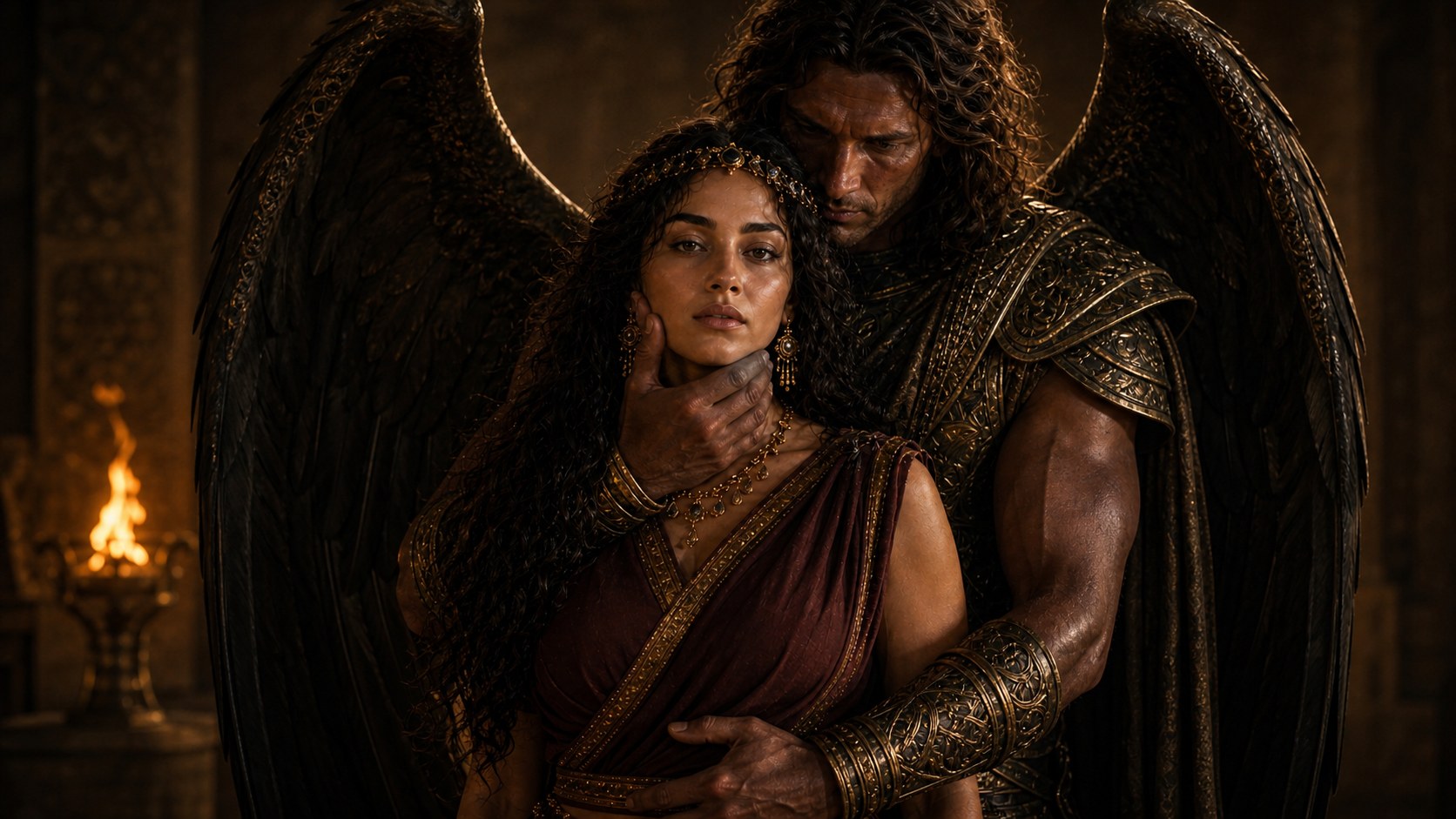 Naamah held from behind by a winged Watcher, his hand at her throat in a gesture both intimate and possessive, lit by a torch in a Bronze Age chamber