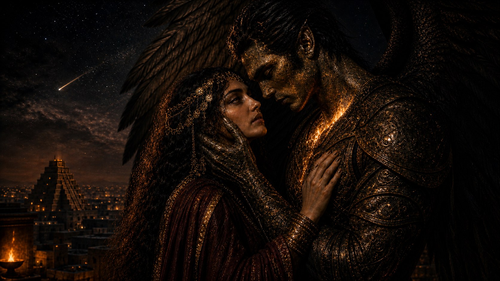 Naamah and a fallen Watcher in a close clinch on a high terrace at night, the city of Babylon and a falling star behind them, gold filaments lighting his armor