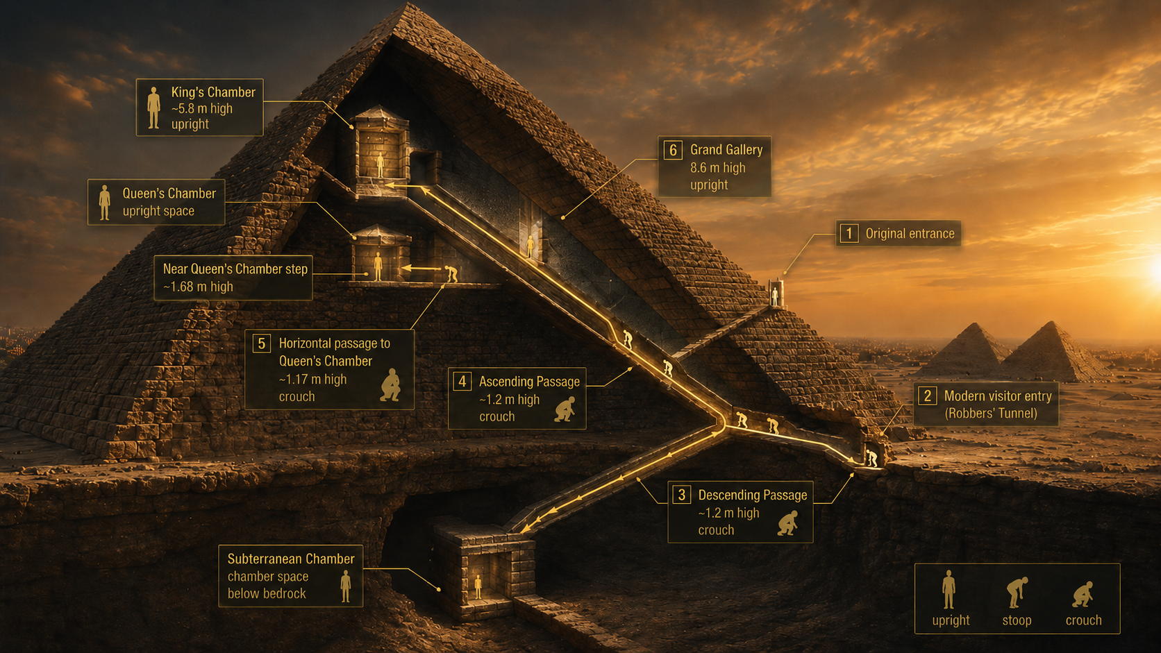 Great Pyramid access routes and clearance diagram: the original entrance and modern Robbers' Tunnel entry, descending passage at 1.2 meters requiring a crouch, ascending passage also 1.2 meters, horizontal passage to Queen's Chamber at 1.17 meters, then the Grand Gallery soaring to 8.6 meters where you can stand upright — with human silhouettes showing crouch, stoop, and upright postures at each point, and the King's Chamber at 5.8 meters and Subterranean Chamber below bedrock