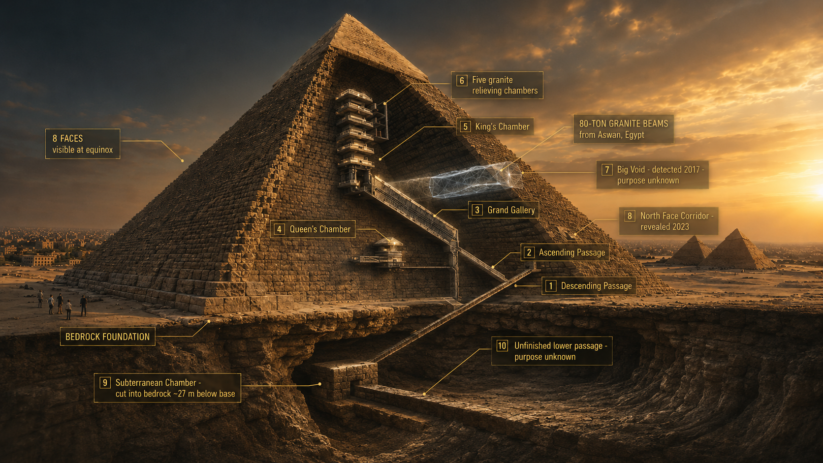 Great Pyramid cutaway visualization revealing internal chambers: the Grand Gallery ascending at 26 degrees, the King's Chamber with five granite relieving chambers above, the Queen's Chamber, the descending passage, and a translucent 30-meter void detected by muon tomography in 2017 but never accessed — with five mystery callouts including the ramp paradox, irreplicable mortar, hidden void, 80-ton granite beams transported 900km, and the 8-sided structure visible only at equinox