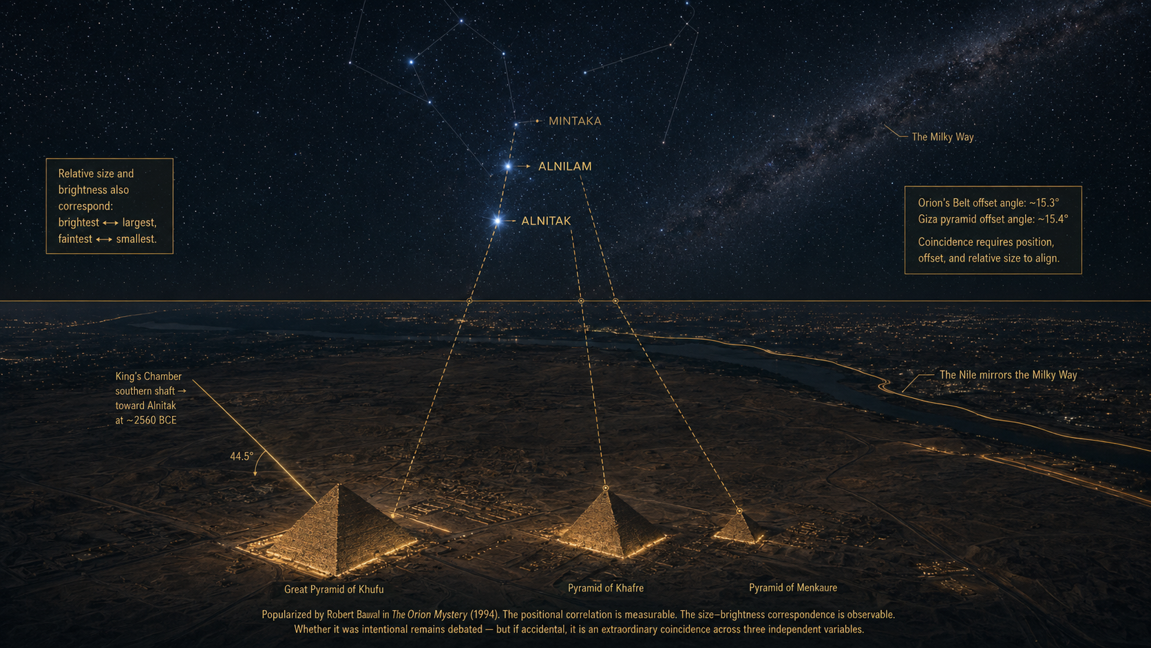 Night sky view over the Giza Plateau showing the three pyramids of Khufu, Khafre, and Menkaure aligned with dashed lines to the three stars of Orion's Belt: Alnitak, Alnilam, and Mintaka. Annotations show that the Belt offset angle of approximately 15.3 degrees matches the Giza pyramid offset angle of approximately 15.4 degrees. Relative size and brightness correspond — brightest star to largest pyramid, faintest to smallest. The King's Chamber southern shaft points toward Alnitak at 44.5 degrees as it appeared circa 2560 BCE. The Nile is traced mirroring the path of the Milky Way. Footer: popularized by Robert Bauval in The Orion Mystery (1994) — the positional correlation is measurable, the size-brightness correspondence is observable, and whether intentional or not, it is an extraordinary coincidence across three independent variables.