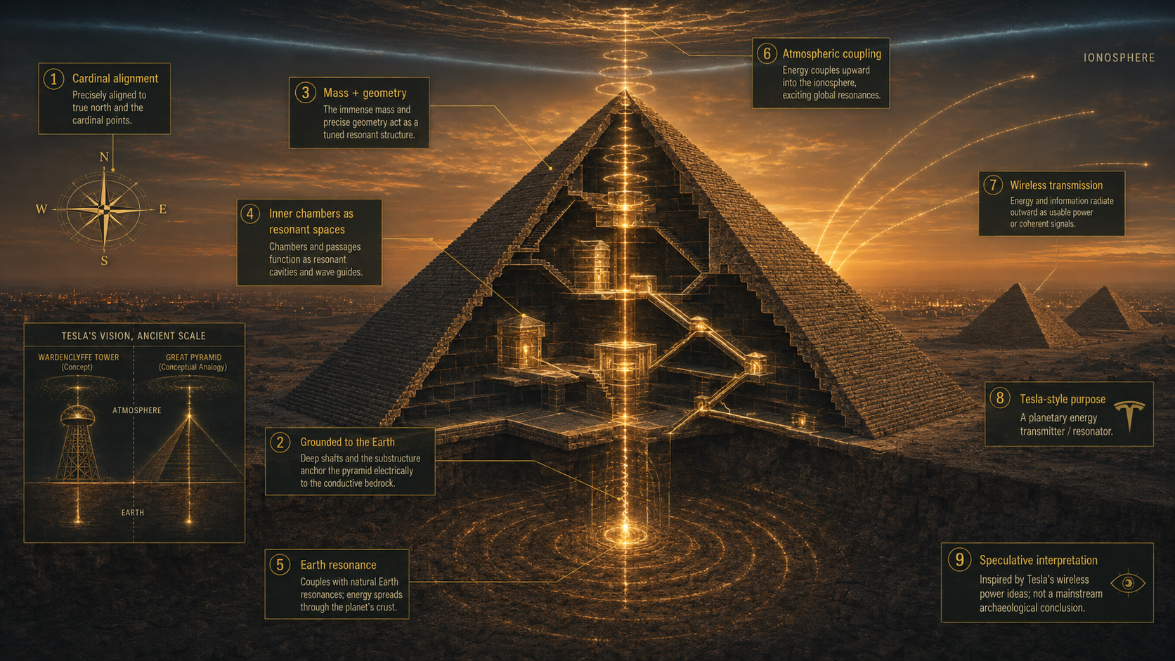 Speculative interpretation of the Great Pyramid as an energy resonance structure inspired by Nikola Tesla's wireless power concepts: showing cardinal alignment, mass and geometry acting as a tuned resonant structure, deep shafts grounding the pyramid to conductive bedrock, inner chambers functioning as resonant cavities and wave guides, coupling with natural Earth resonances through the planet's crust, atmospheric coupling upward into the ionosphere exciting global resonances, wireless transmission of energy and information radiating outward — with an inset comparing Tesla's Wardenclyffe Tower concept to the pyramid as a conceptual analogy, both grounded to Earth and projecting into the atmosphere. Labeled as a speculative interpretation inspired by Tesla's ideas, not a mainstream archaeological conclusion.