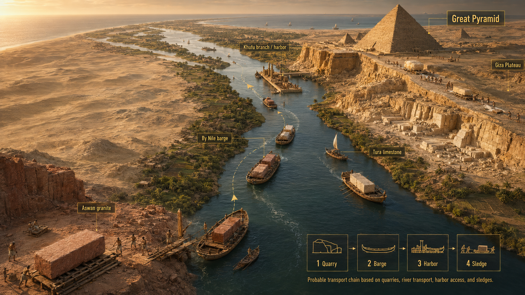 Aerial visualization of the granite transport chain from Aswan quarries to the Giza Plateau: massive blocks quarried at Aswan, loaded onto wooden Nile barges, carried 900km downriver past Tura limestone quarries to the Khufu branch harbor, then dragged on sledges to the construction site — showing the four-stage pipeline: 1. Quarry, 2. Barge, 3. Harbor, 4. Sledge