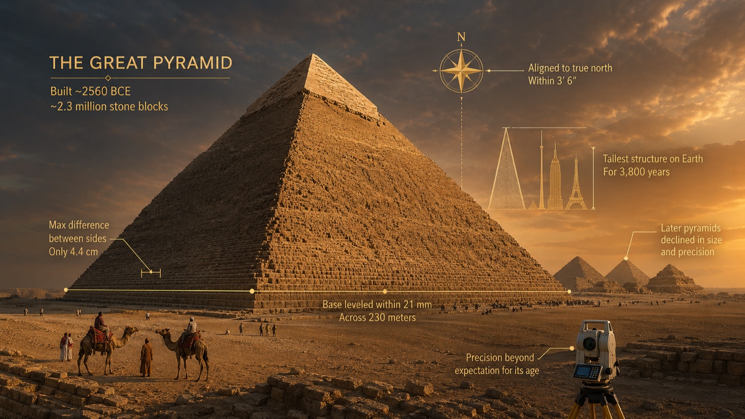 The Great Pyramid of Giza infographic: built circa 2560 BCE from 2.3 million stone blocks, base leveled within 21 mm across 230 meters, sides aligned to true north within 3 minutes 6 seconds, tallest structure on Earth for 3,800 years (with Eiffel Tower and Empire State Building shown for height comparison), and noted that later pyramids declined in size and precision