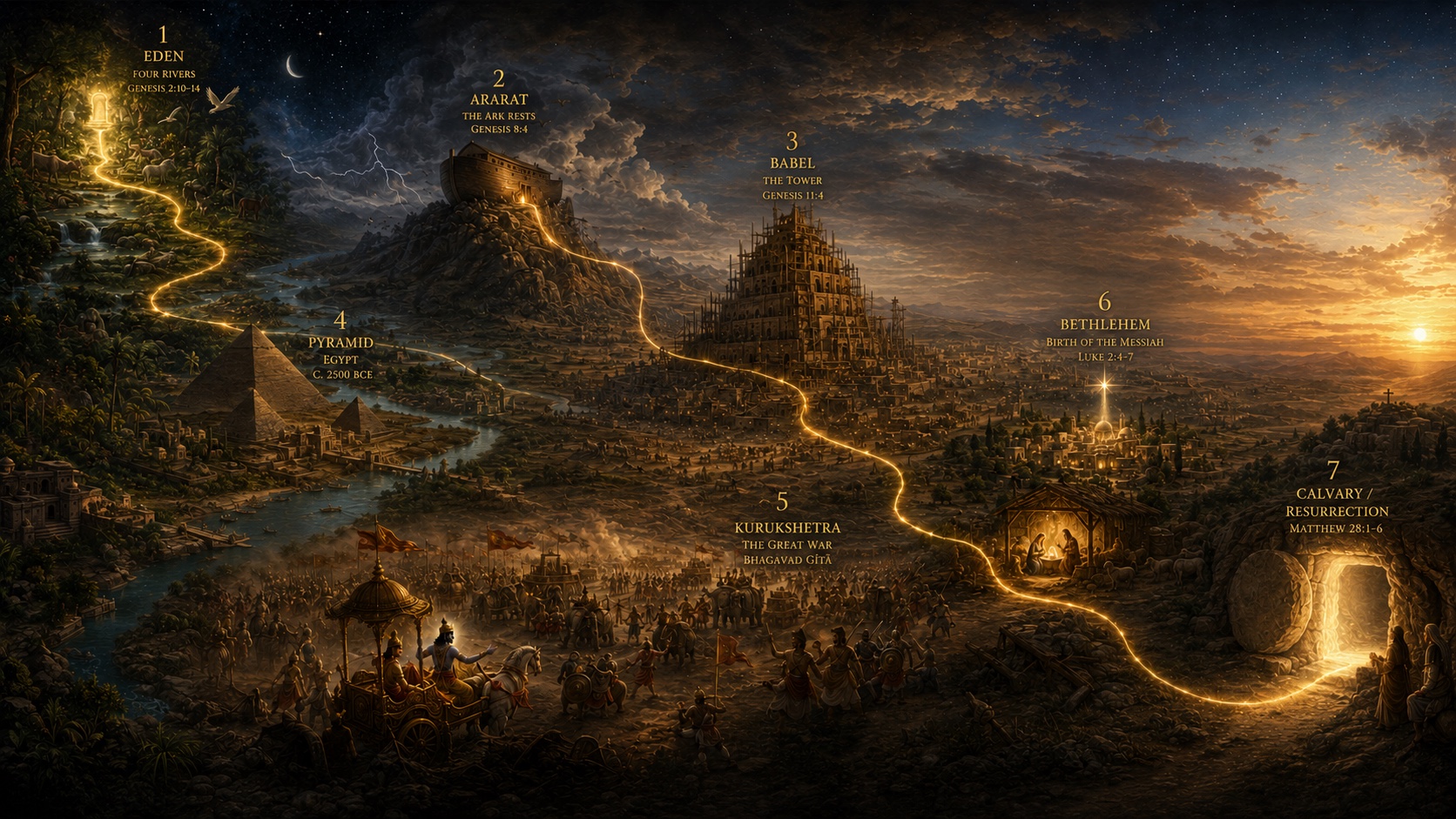 A second cinematic view of the same trail with seven numbered waypoints — Eden, Ararat, Babel, the Egyptian Pyramid, Kurukshetra of the Mahabharata, Bethlehem, and Calvary/Resurrection — connected by an unbroken golden thread across one continuous landscape