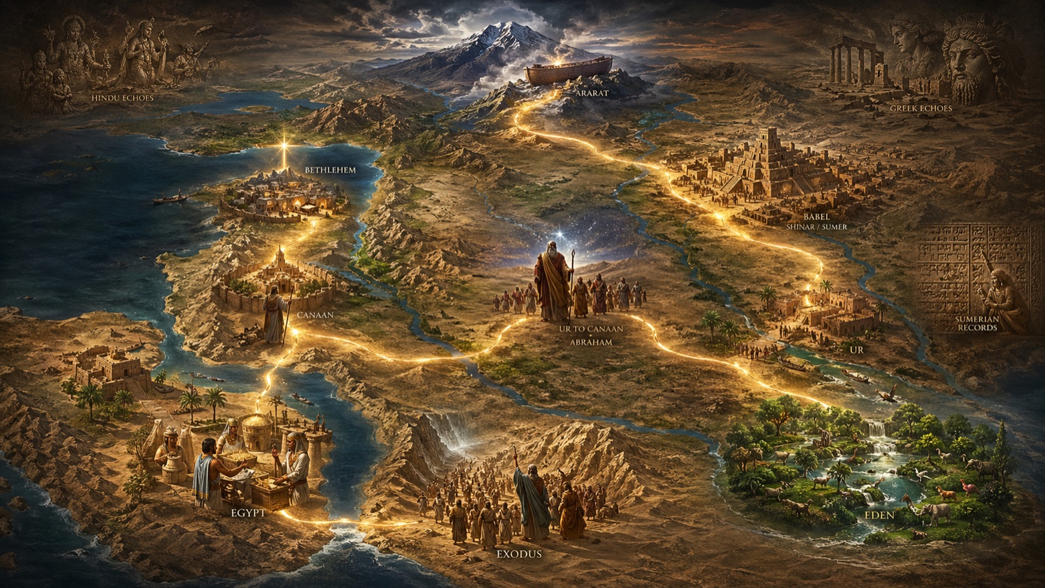 Cinematic painted map of the biblical geographic trail: Eden in southern Mesopotamia, Mount Ararat where Noah landed, Babel in Shinar, Ur to Canaan via Abraham, Egypt and the Exodus, Bethlehem at the incarnation, with Hindu and Greek echoes in the corners and Sumerian records inset, all linked by a single golden thread