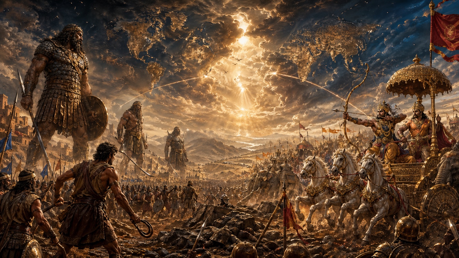 Synthesis scene: armored Nephilim giants on the left rising over an ancient Near Eastern battlefield, Mahabharata chariot warriors with bow drawn on the right above Indian armies, with a world map traced across the storm clouds in the sky tying the continents together