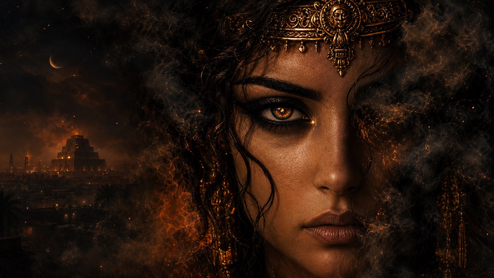 Half-face portrait of Naamah at night: smoldering kohl-rimmed amber eyes, an ornate gold sun-faced diadem with hanging filigree pendants resting on her brow, embers and dark smoke drifting through her wet curling hair, a burning ziggurat city under a crescent moon at her shoulder